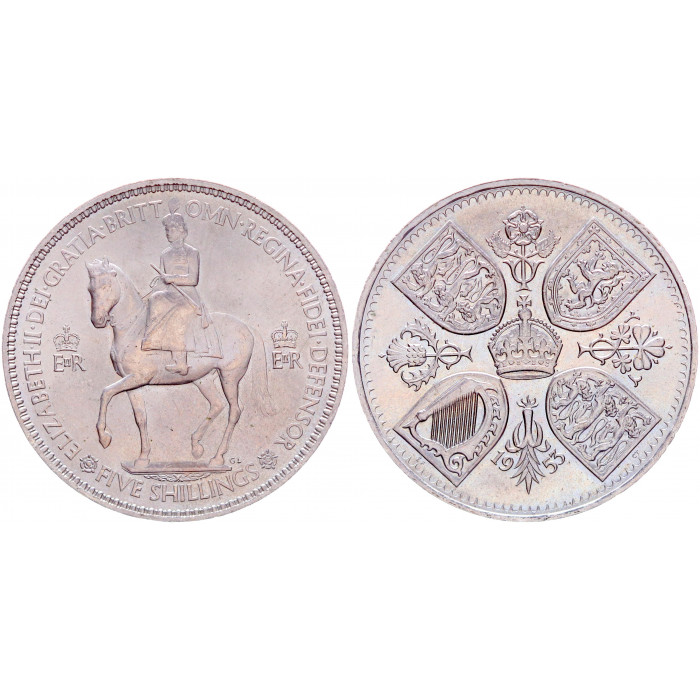 Великобритания 5 Шиллингов 1953 год UNC KM# 894 Коронация Королевы Елизаветы II В фирменной капсуле