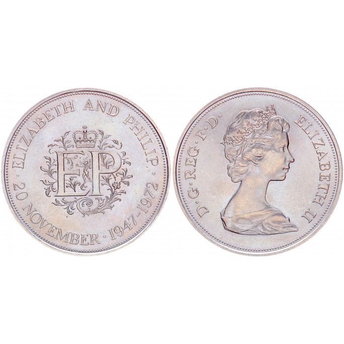 Великобритания 25 Пенсов 1972 год UNC KM# 917 Королевская серебряная годовщина свадьбы Елизавета II В фирменной капсуле