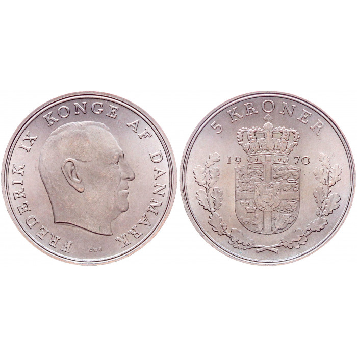 Дания 5 крон 1970 год Король Фредерик IX UNC KM#853