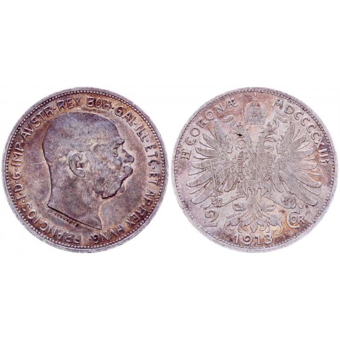 Австрия 2 Кроны 1913 год Франц Иосиф I aUNC KM# 2821 Серебро Патина