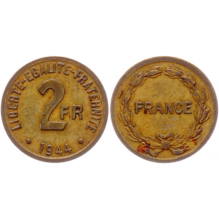 Франция 2 франка 1944 год FRANCE XF КМ#905 Оккупация  