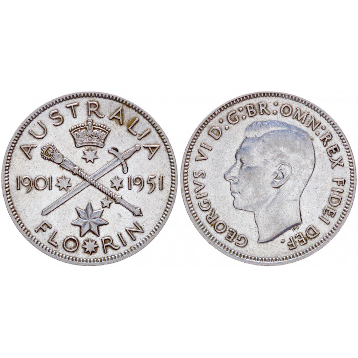 1 флорин 1951 Австралия. XF KM# 47 50- летие Австралийского Союза. Серебро. 