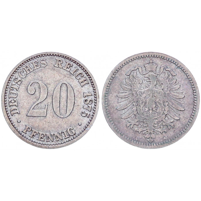 20 пфеннигов 1875 А Германия Серебро XF  KM# 5 Вильгельм 1