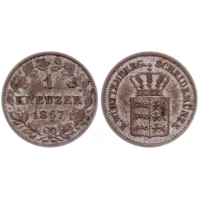 1 крейцер 1867 Германия Вюртемберг Серебро XF KM# 612 Карл 1