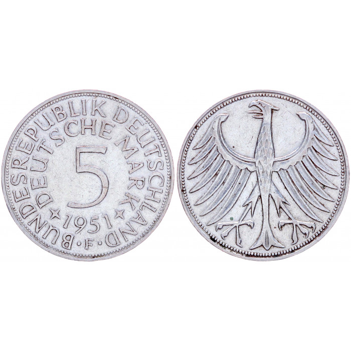 5 марок 1951 F Германия ФРГ Серебро  XF KM# 112
