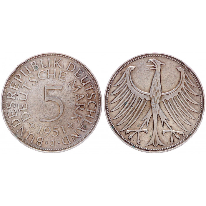 5 марок 1951 J Германия ФРГ. XF KM# 112. Серебро.