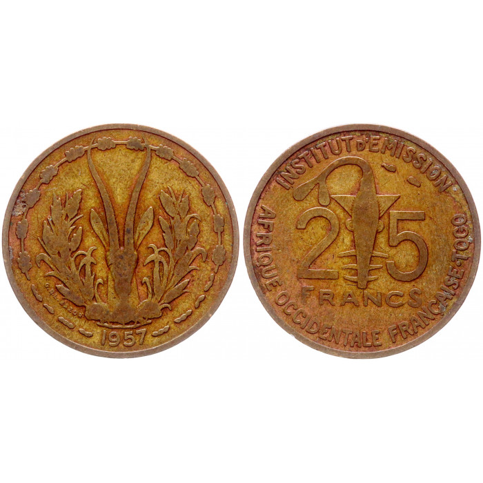 25 франков 1957 Французская Западная Африка VF  KM # 9. 