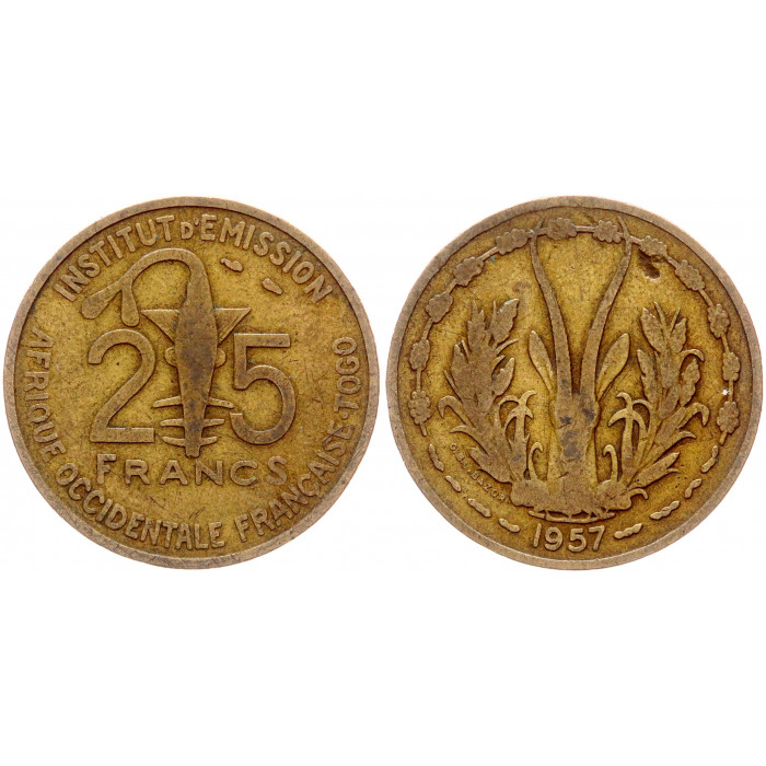 25 франков 1957 Французская Западная Африка VF KM # 9. 