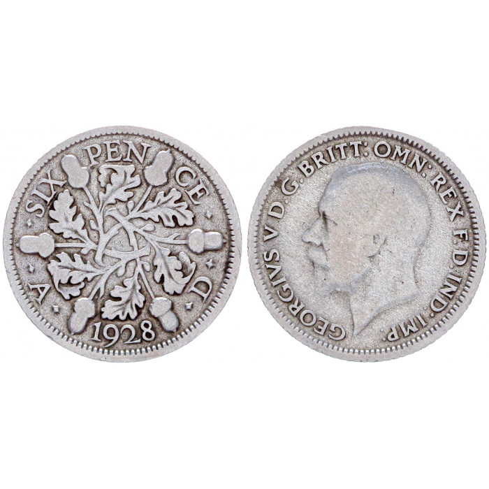 6 пенсов 1928 Великобритания XF KM# 832 Георг 5. Серебро.