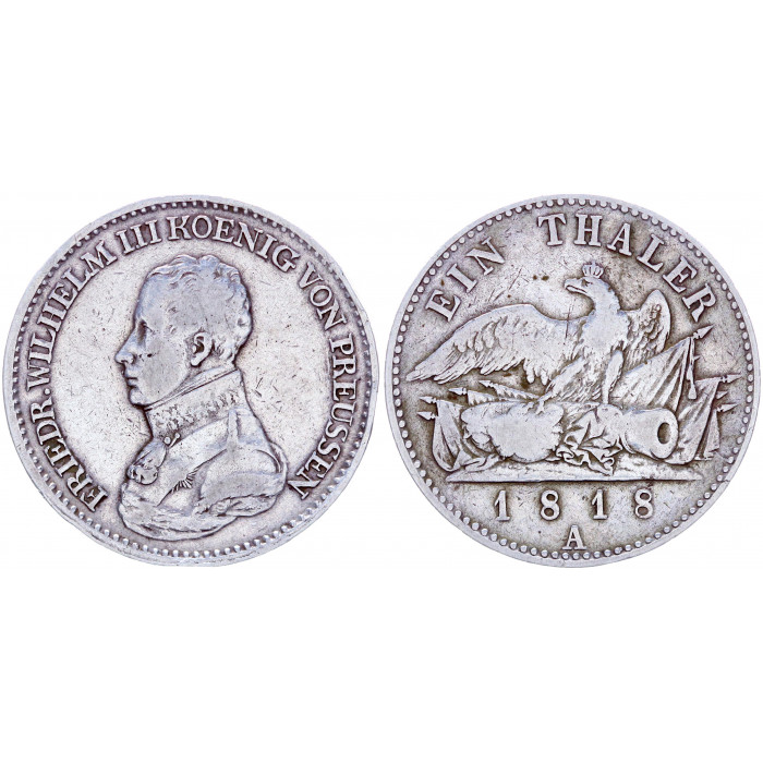 1 талер 1818 A Германия Пруссия  XF- KM# 396 Фридрих Вильгельм 3. Серебро 22.08 гр.