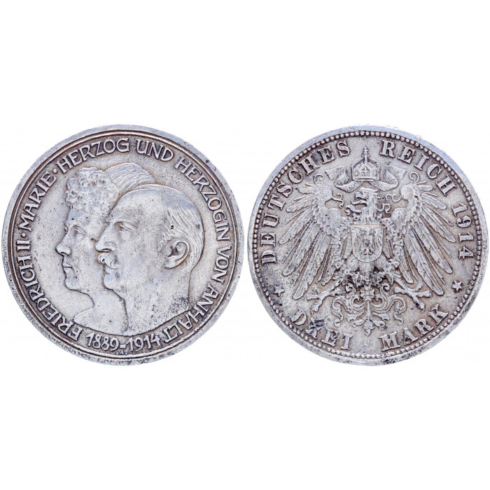 3 марки 1914 Германия Ангальт XF KM# 30 25 лет свадьбе Фридриха 2 и Марии Баденской. Серебро. 15.61 гр.