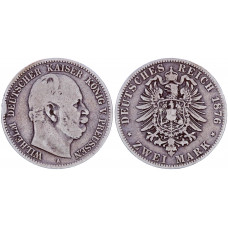 2 марки 1876 A Германия Пруссия VF KM# 506 Вильгельм 1. Серебро. 