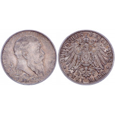 Германия Баден 2 марки 1902 год XF+ KM# 271 50 лет правления Фридриха 1 Серебро. Патина