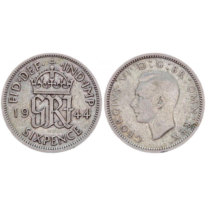 Великобритания 6 пенсов 1944 год XF. KM# 852. Серебро