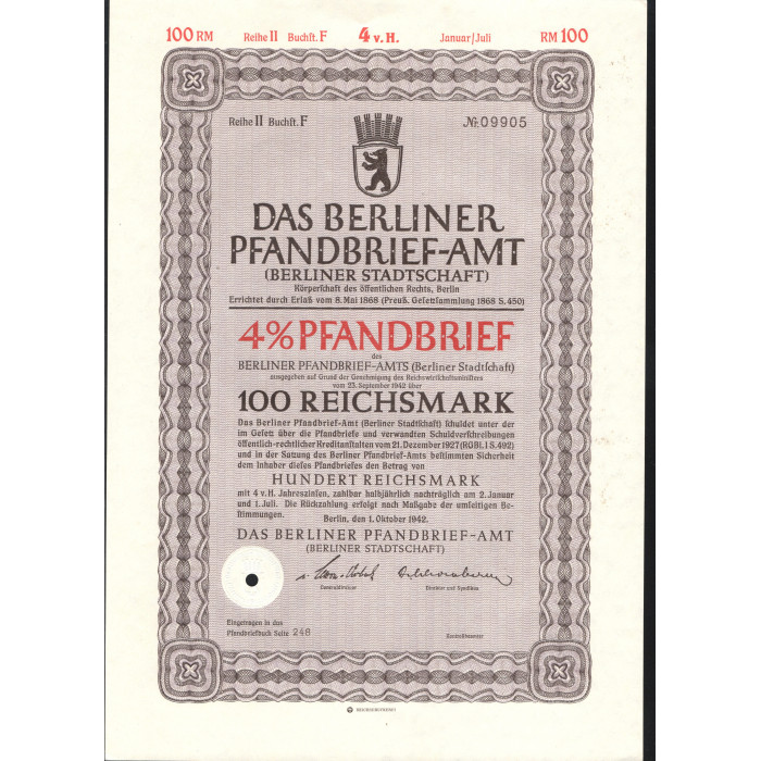 Облигация 100 рейхсмарок 1942. Германия Третий Рейх Берлин. 