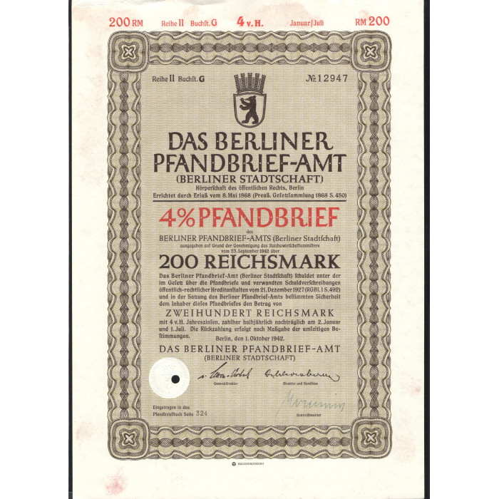 Облигация 200 рейхсмарок 1942. Германия Третий Рейх Берлин. 