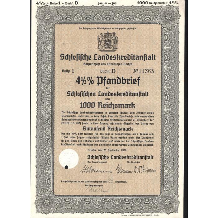 Облигация 1000 рейхсмарок 1936. Германия Третий Рейх Бреслау. 