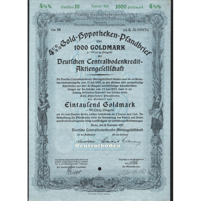 Облигация 1000 золотых марок 1937. Германия Третий Рейх Берлин. 