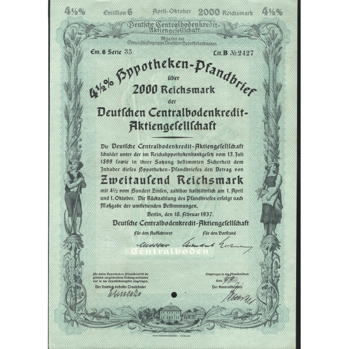 Облигация 2000 рейхсмарок 1937. Германия Третий Рейх Берлин. 