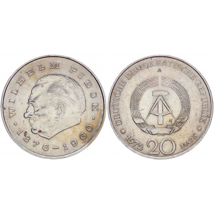 Германия ГДР 20 марок 1972 А год Первый президент ГДР-Вильгельм Пик  KM# 42 XF