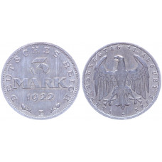 Германия Веймарская Республика 3 марки 1922 Е КМ# 28 Редкая.