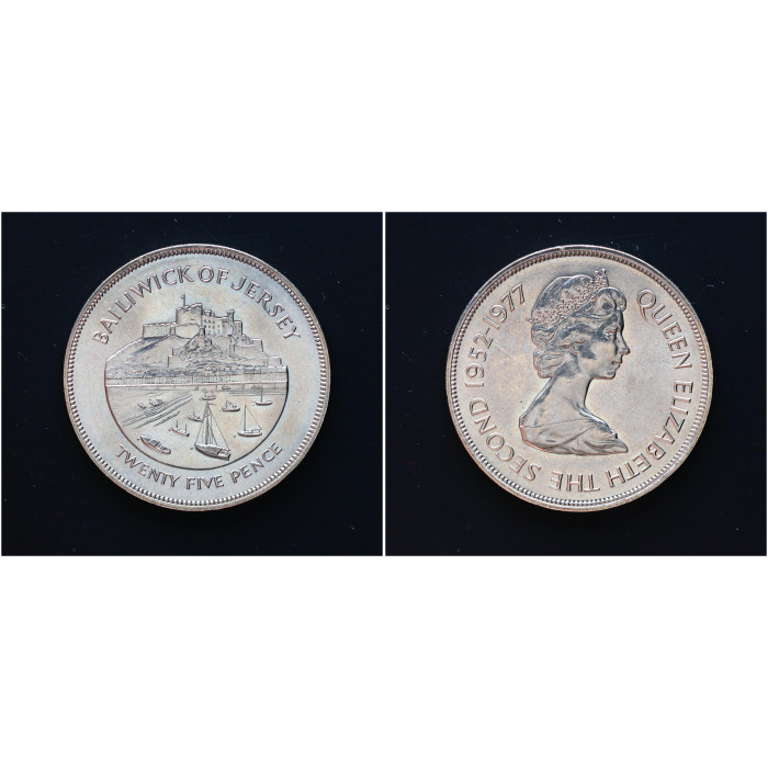 Джерси 25 Пенсов 1977 год. "25 лет правления Елизаветы II"; KM# 44, UNC
