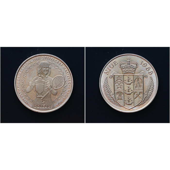 Ниуэ 5 Долларов 1987 год. "Сеул, теннис, Штеффи Граф"; KM# 11, UNC