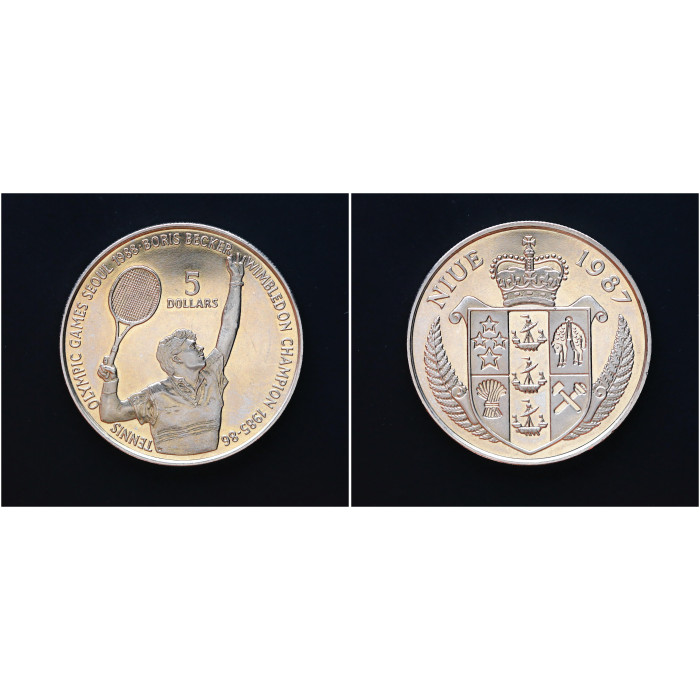 Ниуэ 5 Долларов 1985 год. "Сеул, теннис, Борис Беккер"; KM# 1, BUNC