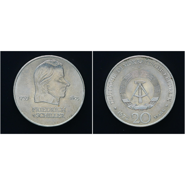 ГДР 20 Марок 1972 год. "Фридрих фон Шиллер"; KM# 40, UNC