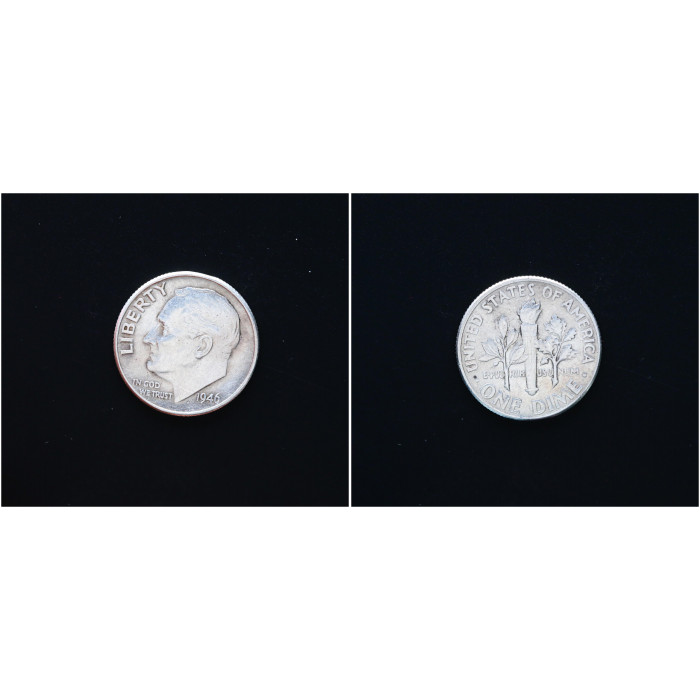 США 1 Дайм (10 центов) 1946 год. "Рузвельт"; Ag, KM# 195, AU