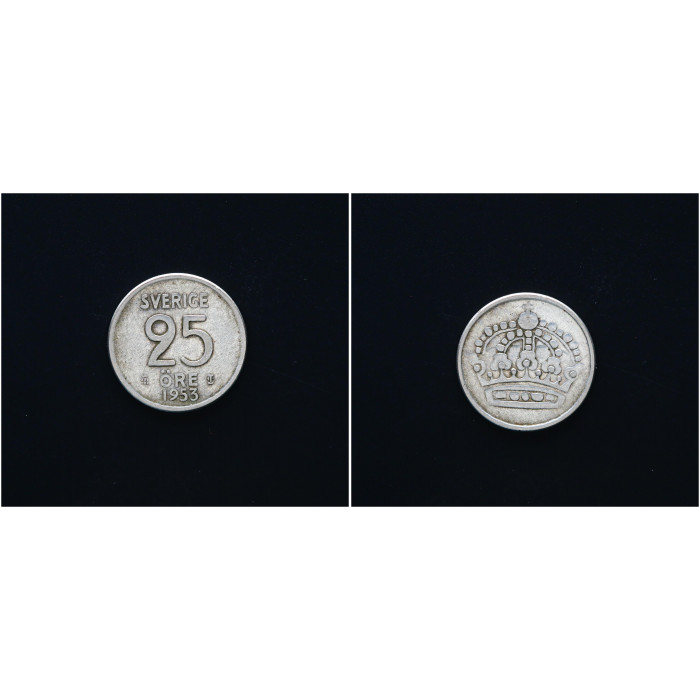 Швеция 25 Эре 1953 год. Ag, KM# 824, XF