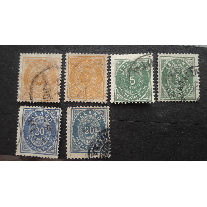 Исландия почтовая марка 1882 6шт 20aur ultramarin 14:13 1/2  blau 12 3/4 