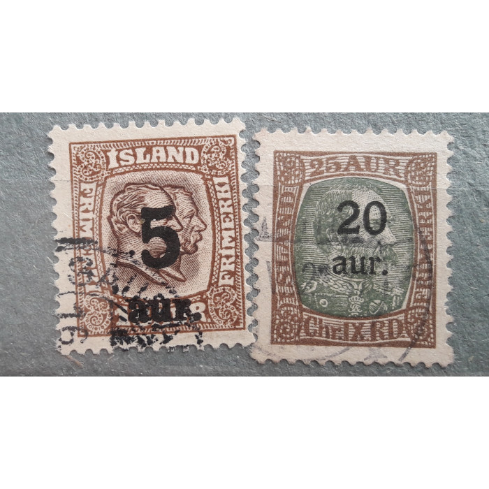 Исландия почтовая марка 1921 надпечатки 5,20 aur  2шт