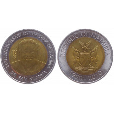 Намибия 10 Долларов 2010 год Биметалл 20 лет Банку 