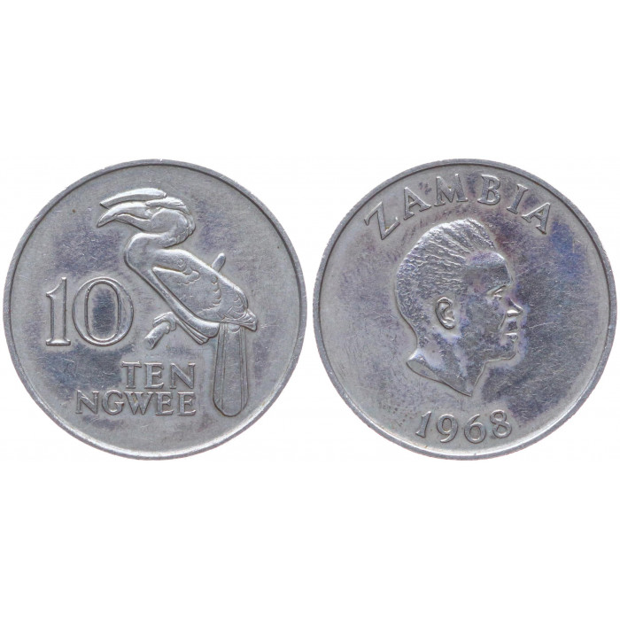 Замбия 10 Нгве 1968 год KM# 12 Птица Коронованный носорог