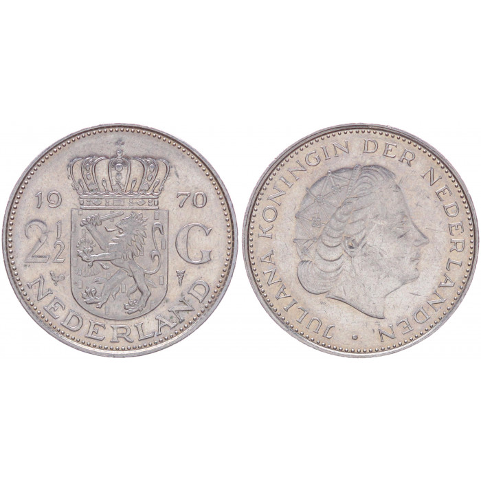 Нидерланды Голландия 2 1/2 Гульдена 1970 год KM# 191 Королева Юлиана (BOX571)