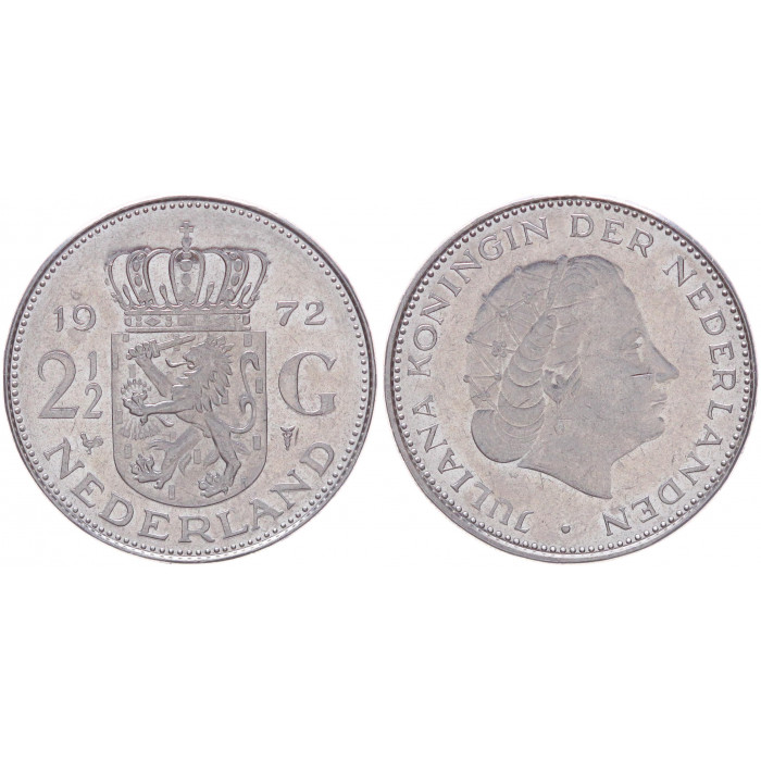 Нидерланды Голландия 2 1/2 Гульдена 1972 год KM# 191 Королева Юлиана (BOX572)