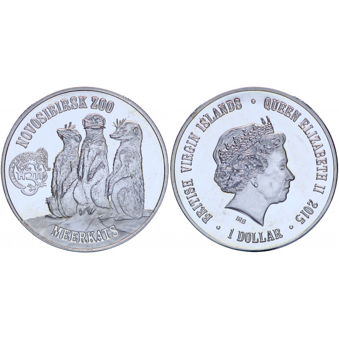 Британские Виргинские острова 1 Доллар 2015 год Proof Сурикаты Новосибирский Зоопарк