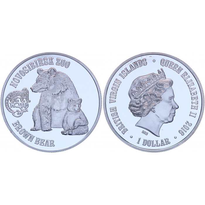 Британские Виргинские острова 1 Доллар 2016 год Proof Бурый Медведь Новосибирский Зоопарк