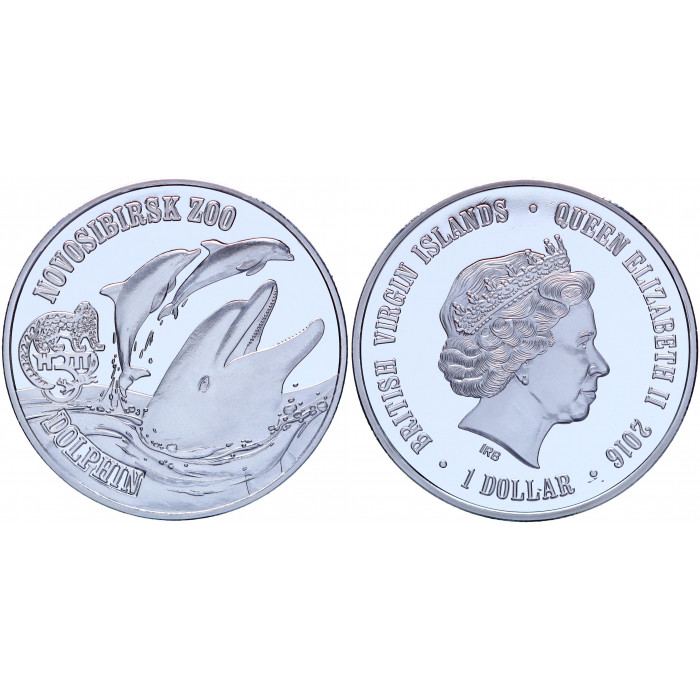 Британские Виргинские острова 1 Доллар 2016 год Proof Дельфин Новосибирский Зоопарк