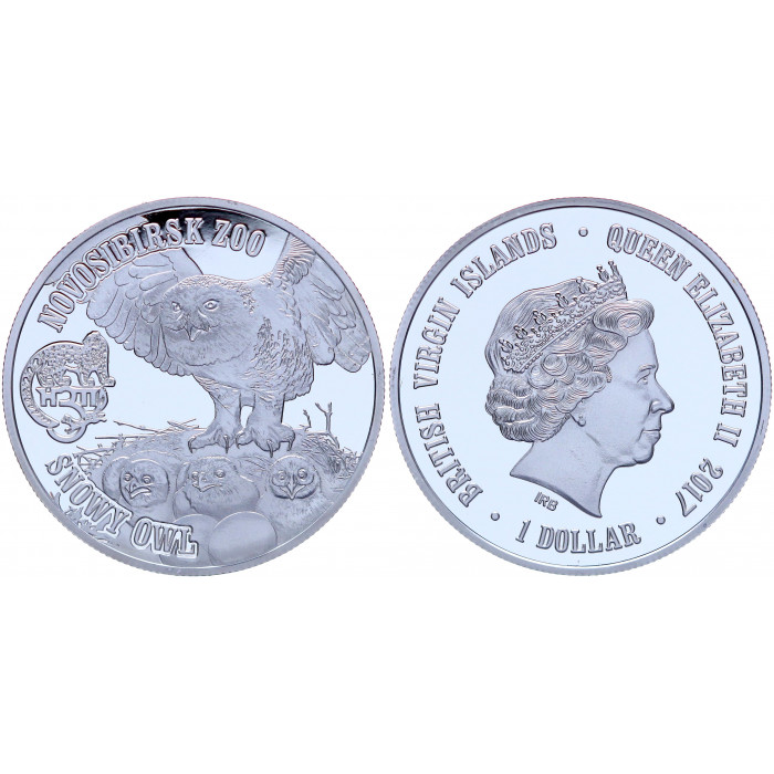 Британские Виргинские острова 1 Доллар 2017 год Proof Полярная Сова Новосибирский Зоопарк