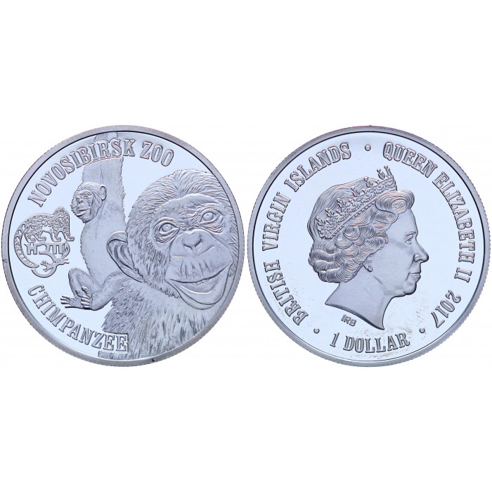 Британские Виргинские острова 1 Доллар 2017 год Proof Шимпанзе Новосибирский Зоопарк