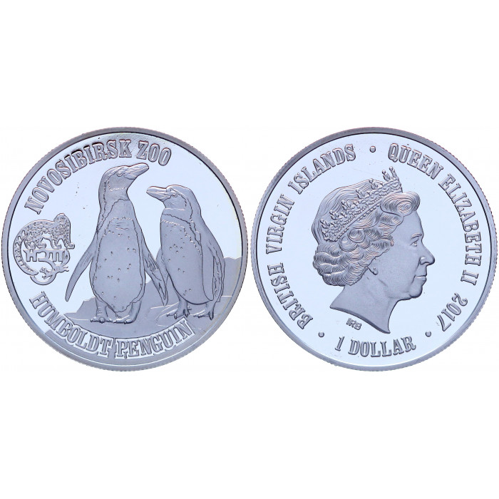 Британские Виргинские острова 1 Доллар 2017 год Proof Пингвин Гумбольдта Новосибирский Зоопарк