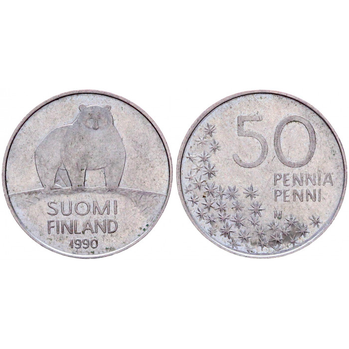 Финляндия 50 Пенни 1990 год Медведь 