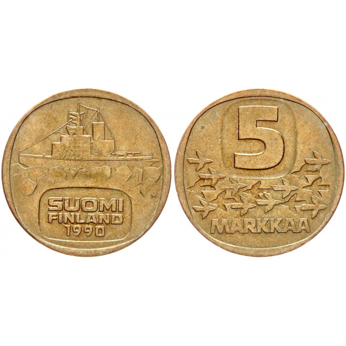 Финляндия 5 Марок 1990 год Корабль 