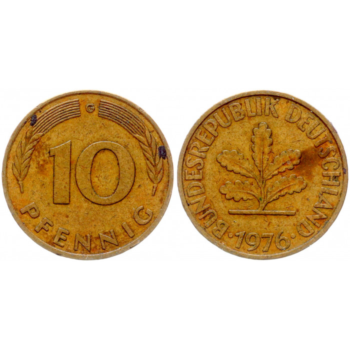 Германия ФРГ 10 Пфеннигов 1976 G год 