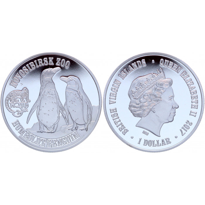 Британские Виргинские острова 1 Доллар 2017 год Proof Пингвин Гумбольдта Новосибирский Зоопарк (BOX1098)