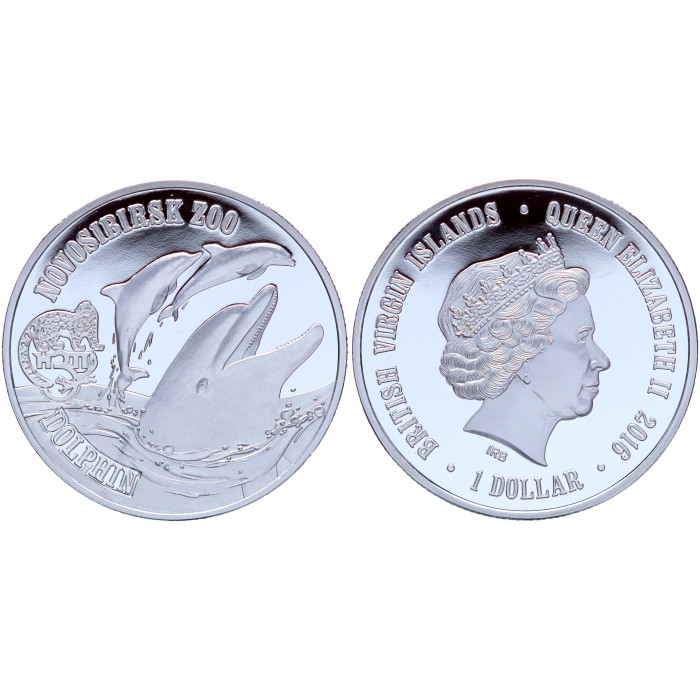 Британские Виргинские О-ва 1 Доллар 2016 год Proof Дельфины Новосибирский Зоопарк (BOX893)