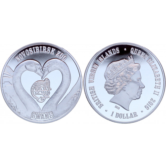 Британские Виргинские острова 1 Доллар 2016 год Proof Лебеди Новосибирский Зоопарк (BOX434)