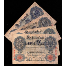 Германия Германская Империя 20 Марок 1910 год Рейхсбанкнота Красный номер (BOX)